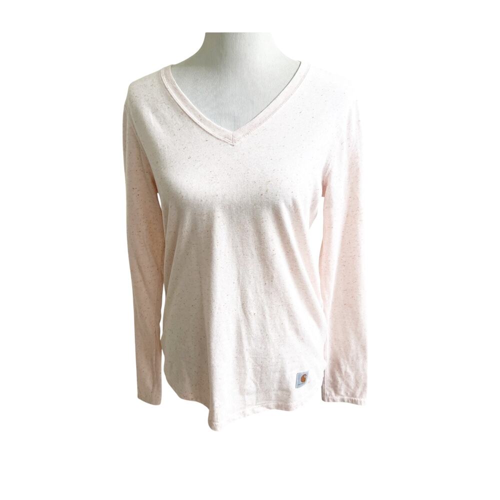 Carhartt Top Women's Medium Pink Speckled Relaxed Fit V-Neck Long Sleeve Classic